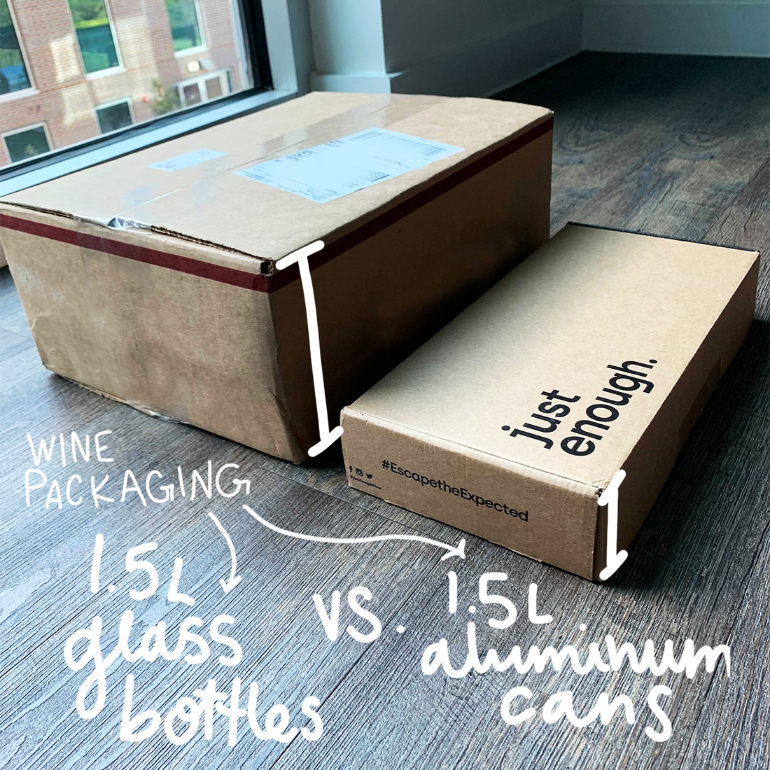 Glass wine bottle packaging vs. Just Enough packaging