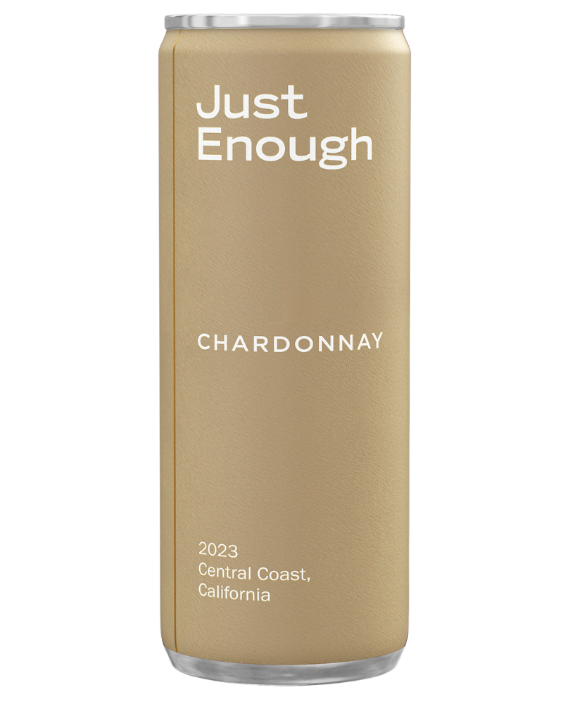 Just Enough Chardonnay can, 2023 Central Coast vintage - crisp, portable white wine for easy outdoor sipping.