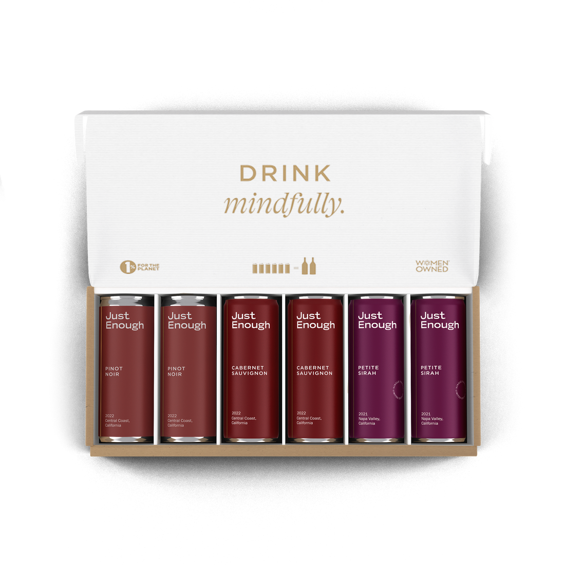 Just Enough Wines Red Set with Pinot Noir, Cabernet Sauvignon, and Petite Sirah cans.