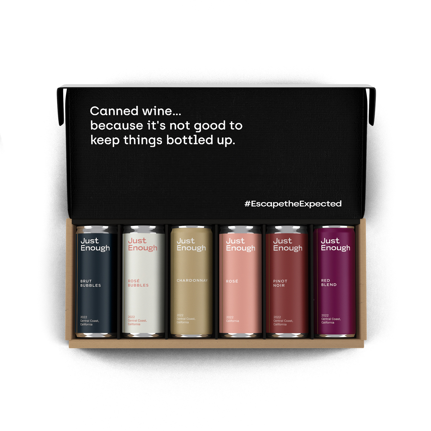 Essentials Set of Just Enough Wines, a variety pack with canned Chardonnay, Rosé, and other wines.