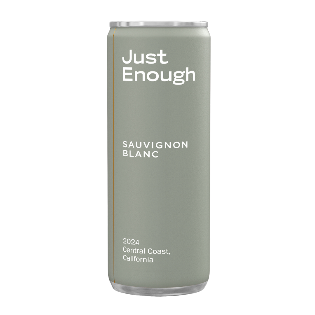 Just Enough Wines Sauvignon Blanc can, crisp white wine with bright citrus notes and no added sugar.